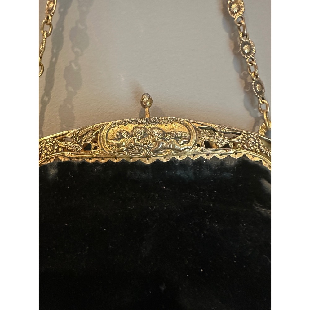 Antique Victorian 1890s Velvet Bag Vermeil Sterling Ornate Cherub Frame Purse - Picture 7 of 14